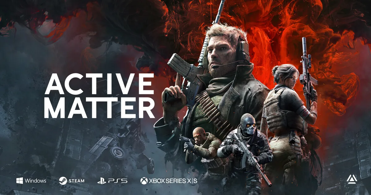 Active Matter artwork with four armed characters and Windows, Steam, PS5 and Xbox Series X|S logos